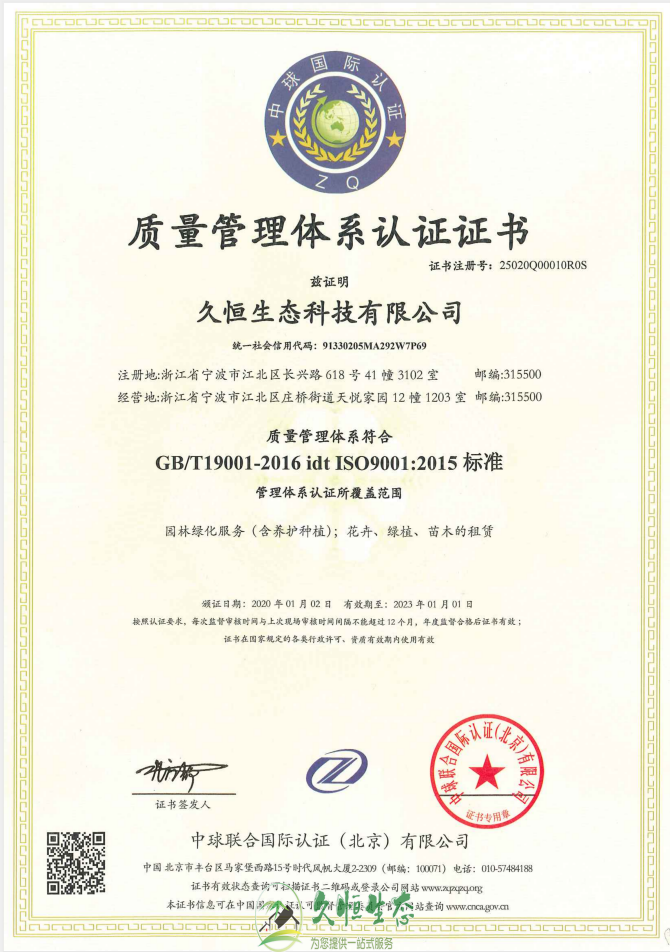 宁波质量管理体系ISO9001证书